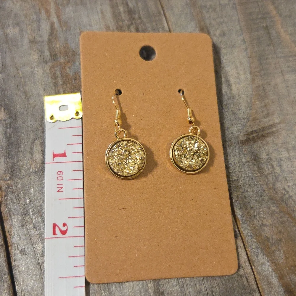 NEW Druzy Sparkly Drop Crystal Round Pendant Dangly Earrings Gold Gem & Gold